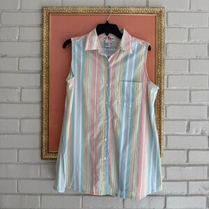 Vintage 90s Pastel Striped Cotton Sleeveless Button-Up Blouse or Swim Cover Up